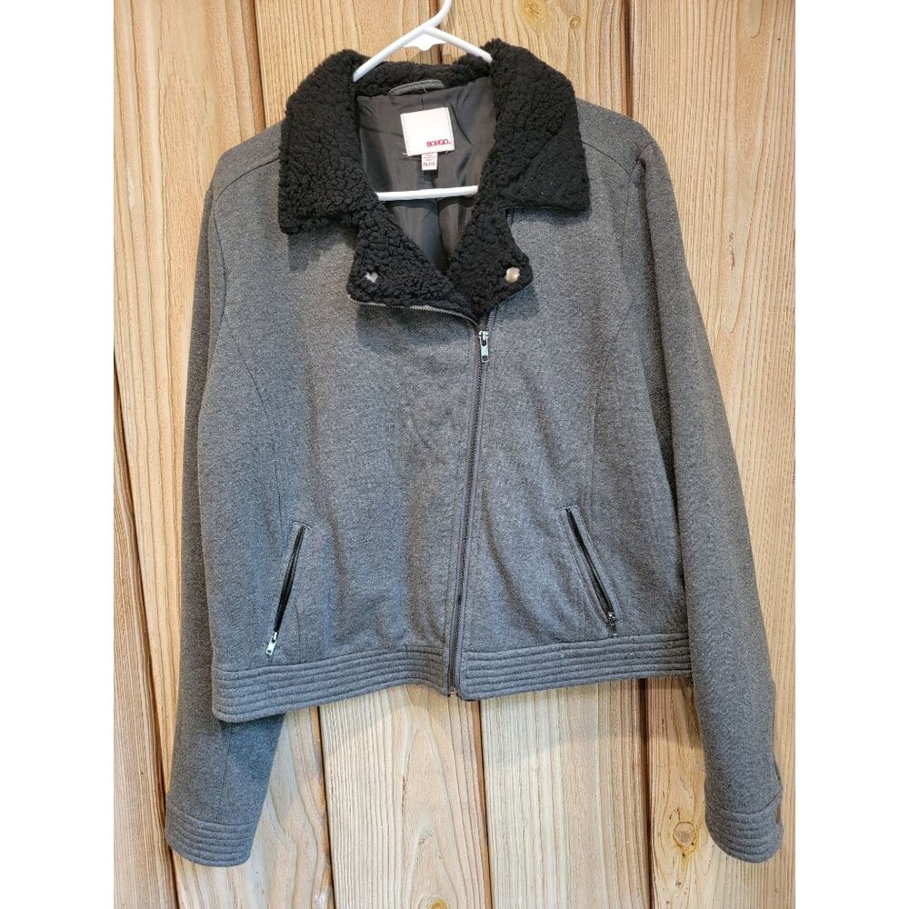 Bongo XL Gray Zippered Lined Military Jacket Black Faux Fur Collar Zip Pockets